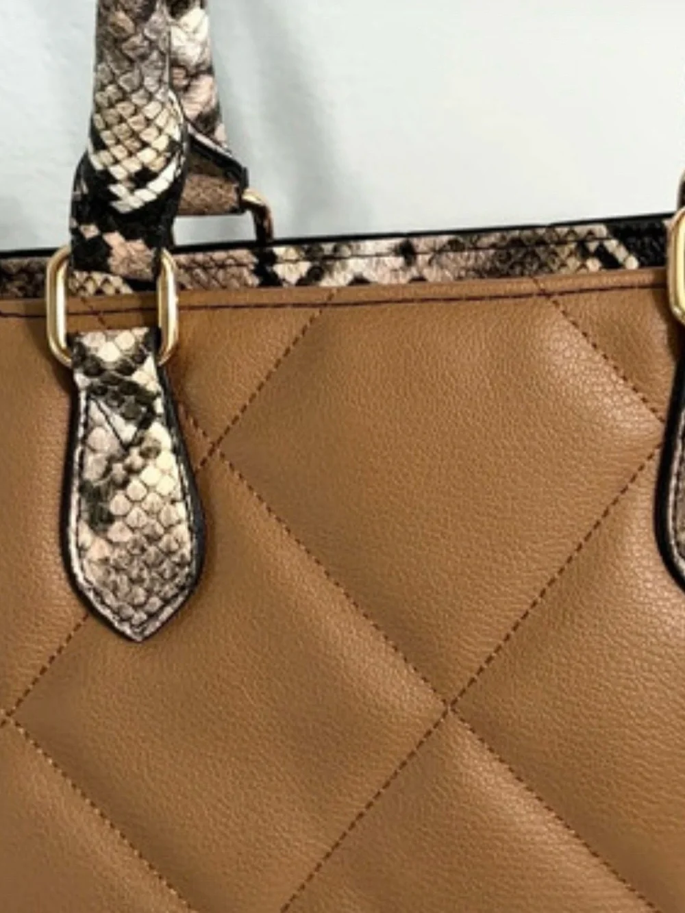 Chico’s Structured Camel and Black Tote Handbag with Snake-Print Trim NWOT